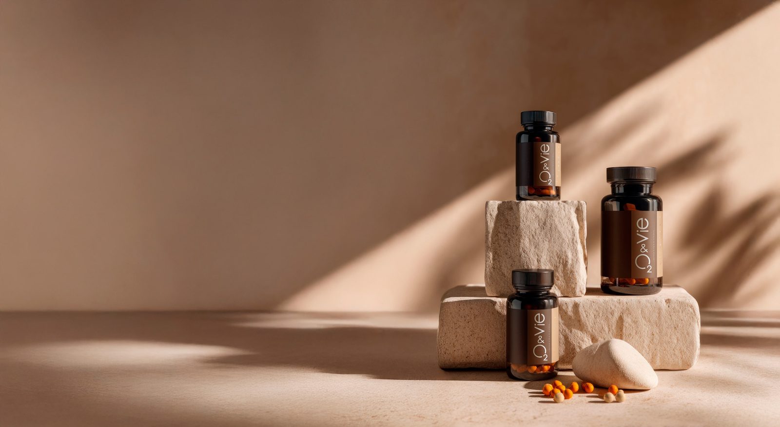 O2&Vie nutritional supplements staged with capsules and natural ingredients